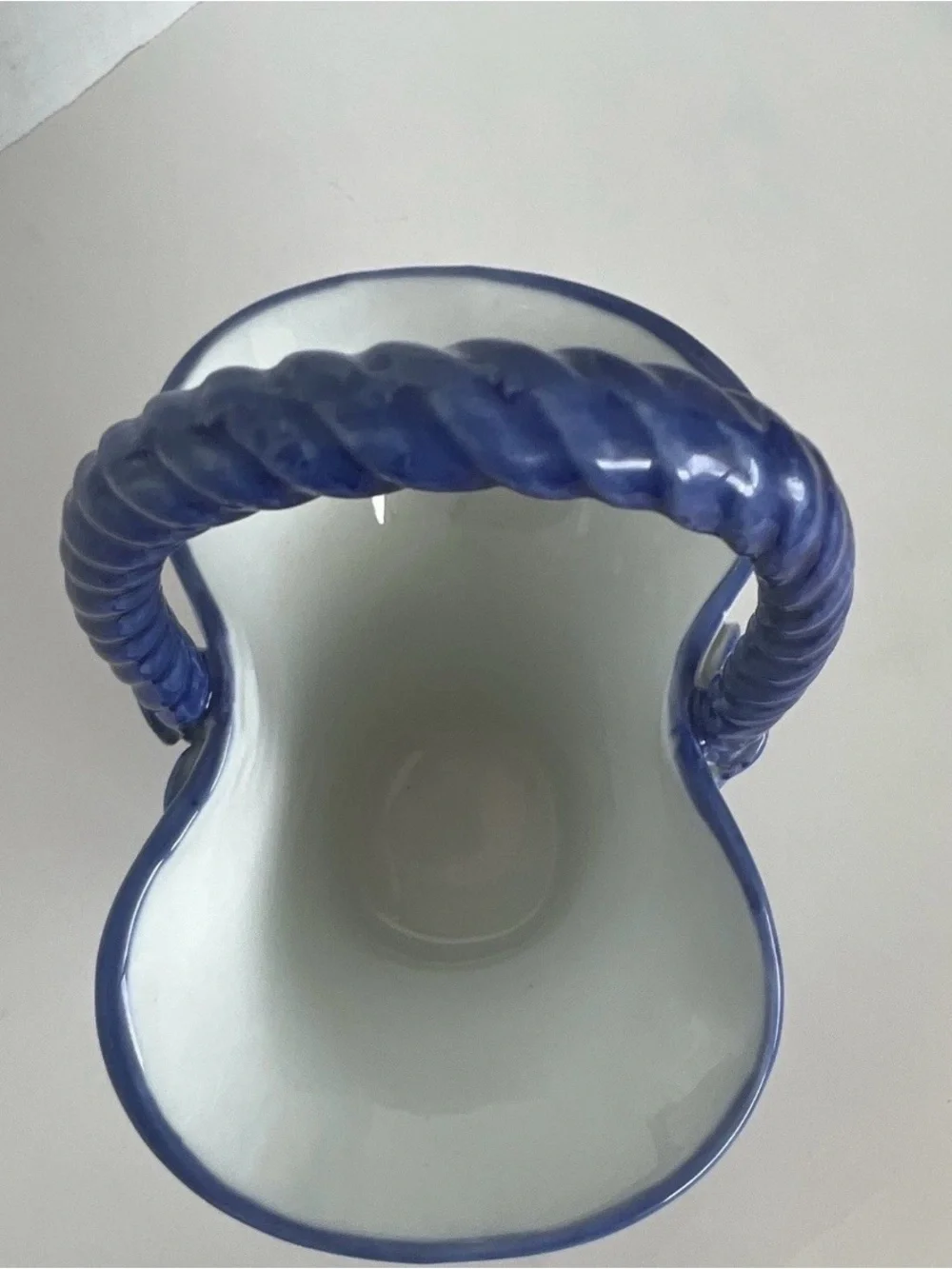 Vintage Blue White Porcelain Basket Floral Ceramic Twisted Handle Applied Leaves